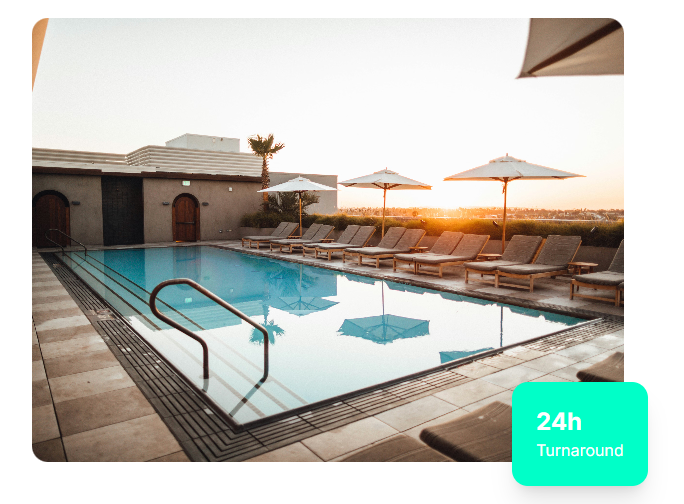 Luxury resort pool with lounge chairs and umbrellas at sunset in Orlando Florida